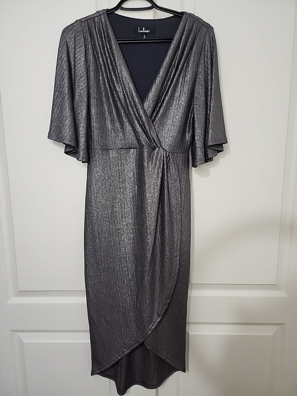 Lulu's Metallic Gray Wrap Midi Dress